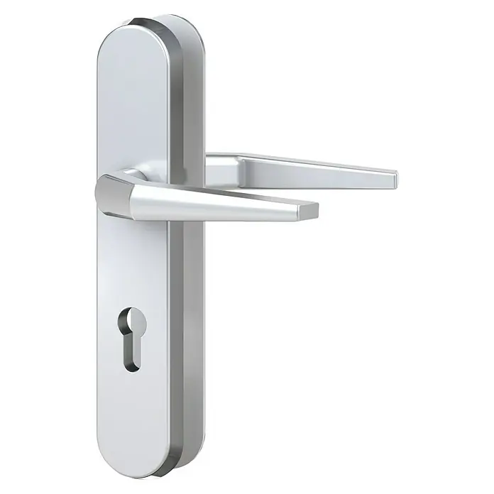 Basi Schutzbeschlag ES0 VMS - Hauseingangstür, Silber, Drücker beidseitig, Stärke Tür: 38 mm - 42 mm - Türbeschlag aus silbernem Metall mit Griffen und Schlüssellochplatte.