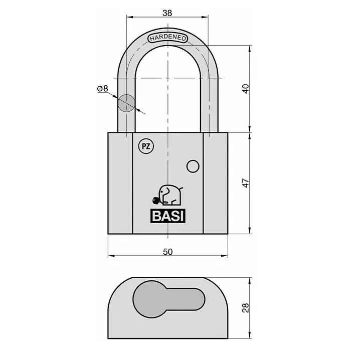 Basi Vorhangschloss VHS PZ - B x H: 28 x 46,5 mm, Bügelinnenhöhe: 40 mm, Material Bügel: Gehärteter Spezialstahl - Technische Zeichnung eines grauen Vorhängeschlosses mit gehärtetem Bügel (Ø8mm), Korpus 50x47mm, Bügel 38x40mm, PZ-Zylinder.