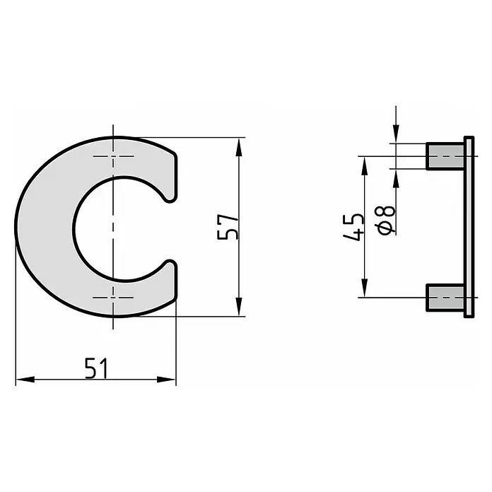 Basi Hausnummer HN 150 - B x H: 51 x 57 mm, Motiv: C, Edelstahl - C-förmiger Möbelgriff mit Abmessungen.