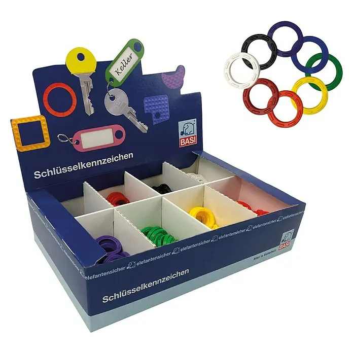 Basi Schlüsselkennring rund - 200 Stk., Standard - Displaybox mit bunten Kunststoff-Schlüsselkennringen und verschiedenen Schlüsselanhängern zur einfachen Schlüsselorganisation.