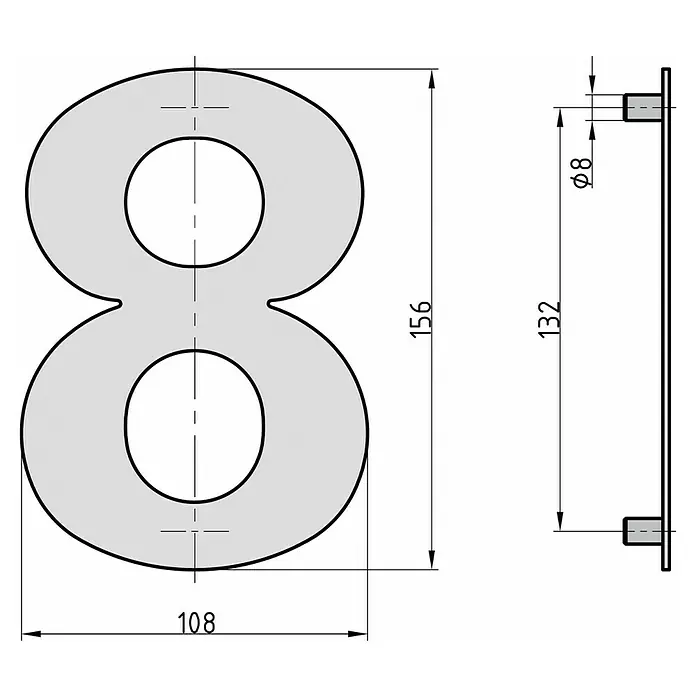 Basi Hausnummer HN 150 - B x H: 108 x 156 mm, Motiv: 8, Edelstahl - Hausnummer '8', technische Zeichnung mit Befestigungsstiften. Maße: 156mm Höhe, 108mm Breite, 8mm Stiftdurchmesser.