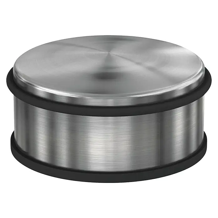 Basi Bodentürstopper BTS 20 - Ø x H: 113 x 55 mm, Edelstahl - Zylindrischer Bodentürstopper aus gebürstetem Metall mit schwarzen Gummiringen oben und unten.