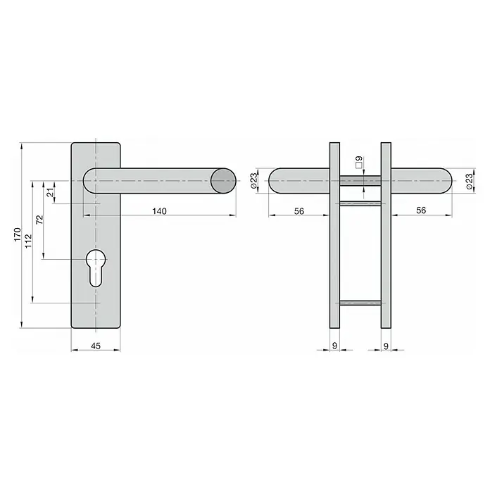 Basi Schutzbeschlag ZT/FS 2150 - Feuerschutztür, Schwarz, Drücker beidseitig, Eckig, Stärke Tür: 44 mm - 66 mm - Technisches Zeichnung einer grauen Türdrückergarnitur mit Schlüssellochplatte und Maßen.