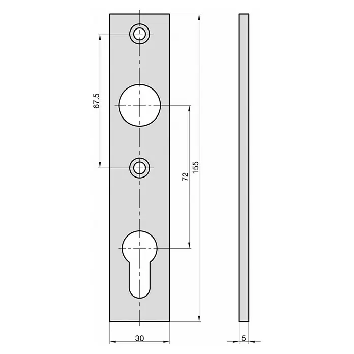 Basi Kurzschild SK 912 - Distanznorm: 72 mm - Graues Türschild mit Löchern für Schloss und Griff, technische Zeichnung mit Maßen.