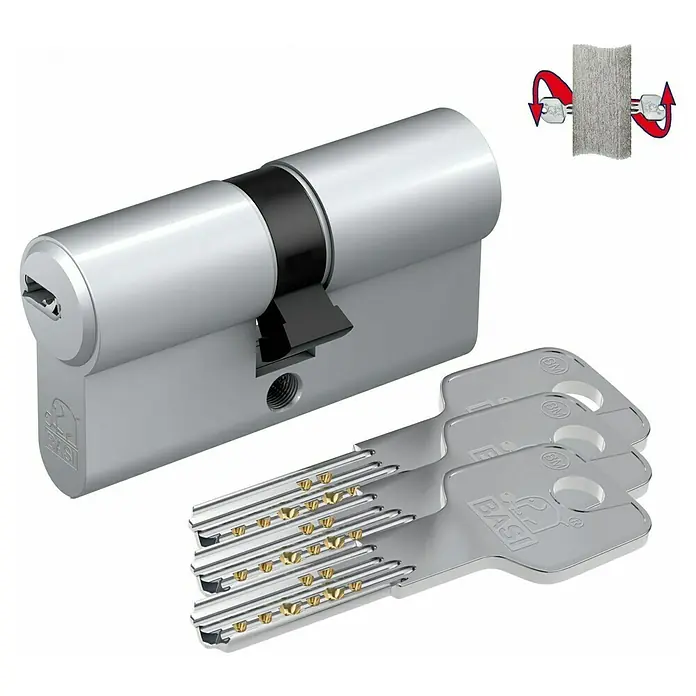 Basi Profilzylinder BM mit N+G - Baulänge innen: 30 mm, Baulänge außen: 80 mm, Material Zylinder: Messing, Bohrmuldenschlüssel, Mit Not- & Gefahrenfunktion - Silberner Profilzylinder mit schwarzem Kern und drei passenden Schlüsseln mit Goldstiften.