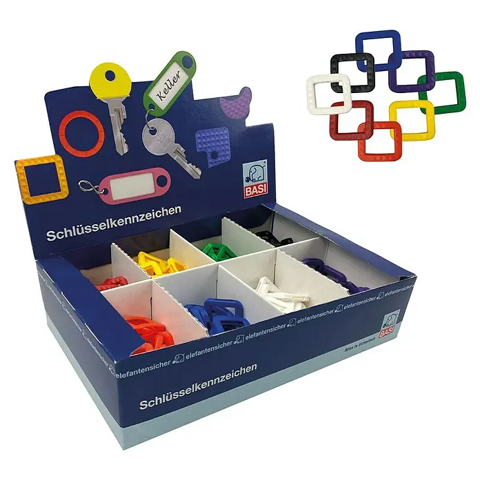 Basi Schlüsselkennring eckig - 200 Stk., Standard - Verkaufsdisplay mit bunten quadratischen Schlüsselkennzeichen und Schlüsselanhängern.