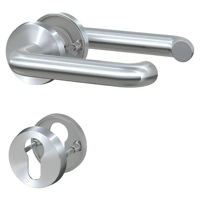 Basi Zimmertürgarnitur ZB 3100 - Stärke Tür: 38 mm - 45 mm, Edelstahl, U-Form - Silbernes Türbeschlagset mit zwei Türdrückern und einem Schlüsselschild.
