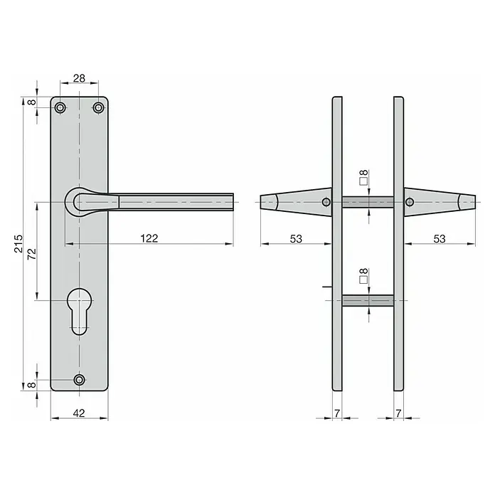Basi Drückergarnitur ZB 4100 - Stärke Tür: 38 mm - 45 mm, Aluminium, L-Form, Silber, Profilzylinder - Technische Zeichnung einer Türdrückergarnitur mit Langschild und Griff, Maße: 215x42mm Schild, 122mm Griff, 8x8mm Vierkantstift.