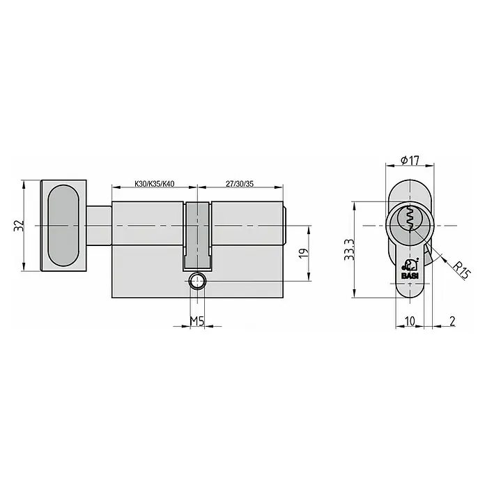Basi Knaufzylinder V50 - Baulänge innen: 30 mm, Baulänge außen: 35 mm, Material Zylinder: Messing, Profilschlüssel - Technische Zeichnung eines grauen Euro-Profil-Knaufzylinders mit detaillierten Maßen.