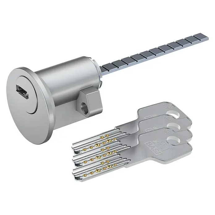 Basi Profilzylinder BM - Bohrmuldenschlüssel - Silberner Schließzylinder mit Flachbalkenmechanismus und drei passenden Schlüsseln mit goldenen Innenstiften.