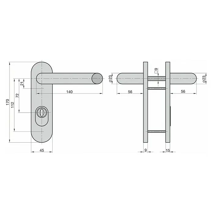 Basi Schutzbeschlag SB/FS 2200K ES1 - Feuerschutztür, Aluminium, Drücker beidseitig, Mit Zylinderabdeckung, Stärke Tür: 44 mm - 66 mm - Technische Zeichnung eines Türgriffsets mit Hebelgriff und ovaler Rosette mit Schlüsselloch, inklusive Maßen.