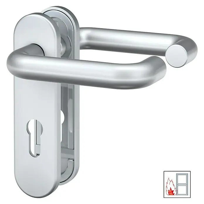 Basi Schutzbeschlag ZT/FS 2100 - Einsatzbereich: Feuerschutztür, Aluminium, Drücker beidseitig - Silberfarbener Brandschutz-Türdrücker mit Schlüsselloch.