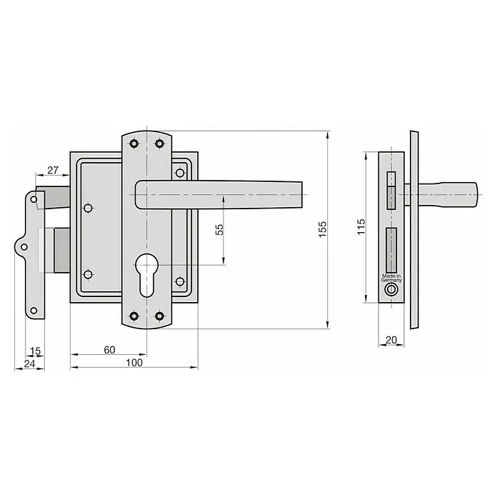 Basi Stumpfdrückerschloss SDS 130 - DIN Anschlag: Universell einsetzbar, Profilzylinder PZ - Technische Zeichnung eines Türdrücker- und Schlossmechanismus mit Schlüsselloch, in Vorder- und Seitenansicht mit detaillierten Maßen.