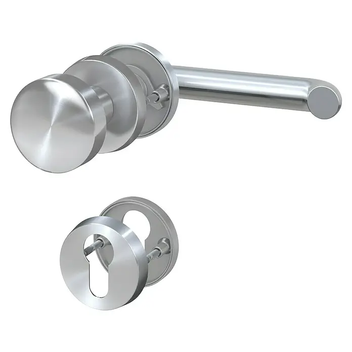 Basi Wechselgarnitur ZB 3100 - Stärke Tür: 38 mm - 44 mm, Silber, DIN Anschlag: Links - Gebürstetes silbernes Türdrücker-Set mit Rundknauf, Hebelgriff und passendem Schlüssellochrosette.