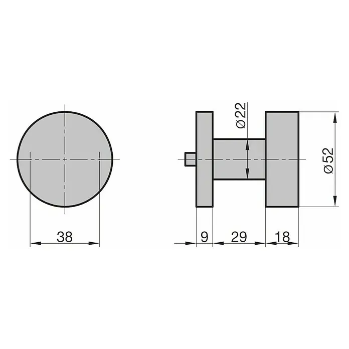 Basi Knopfdrücker auf Rosette ZBK 3110 - Durchmesser Rosette: 52 mm, Edelstahl - Technische Zeichnung eines grauen, gestuften zylindrischen Bauteils mit Maßen.