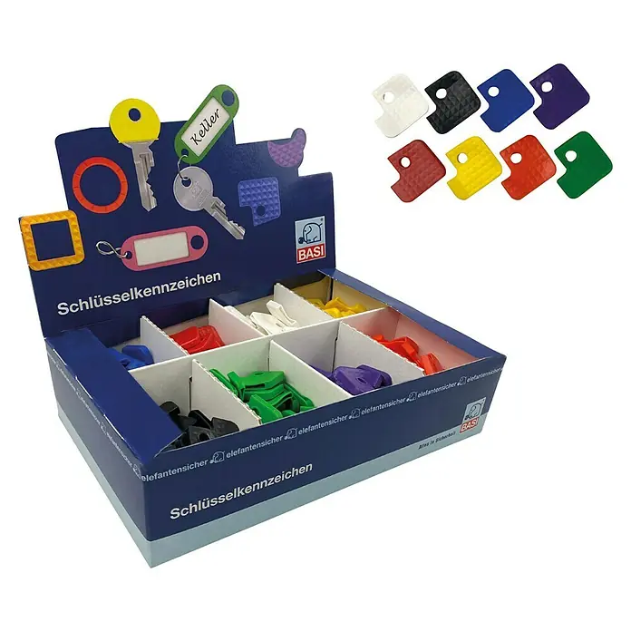 Basi Schlüsselkappe eckig - 200 Stk., Standard - Displaybox mit bunten Kunststoff-Schlüsselkennzeichen, einzelnen Anhängern und Schlüsseln mit Tags.
