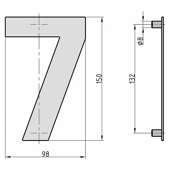 Basi Hausnummer HN 150 - B x H: 98 x 150 mm, Motiv: 7, Edelstahl - Graue Hausnummer 7 mit Befestigungsbolzen.