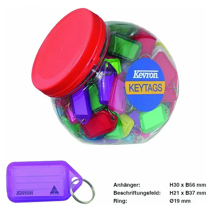 Basi Schlüsselanhänger Set - 150 Stk., L x B: 56 x 30 mm - Klarer Behälter mit rotem Deckel, gefüllt mit bunten Kevron-Schlüsselanhängern. Ein lila Anhänger mit Ring ist separat abgebildet.