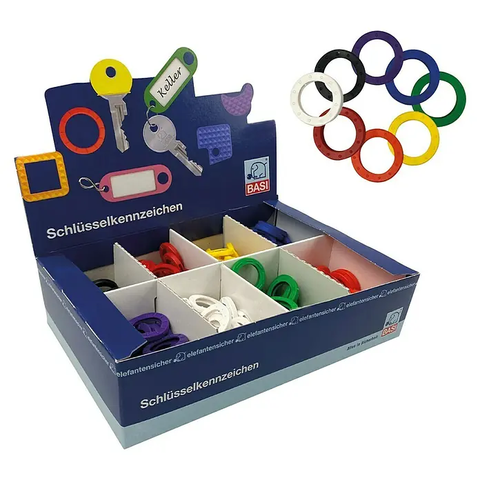 Basi Schlüsselkennring extra groß - 200 Stk., Standard - Farbige Plastik-Schlüsselkennringe in einer Verkaufsdisplaybox.