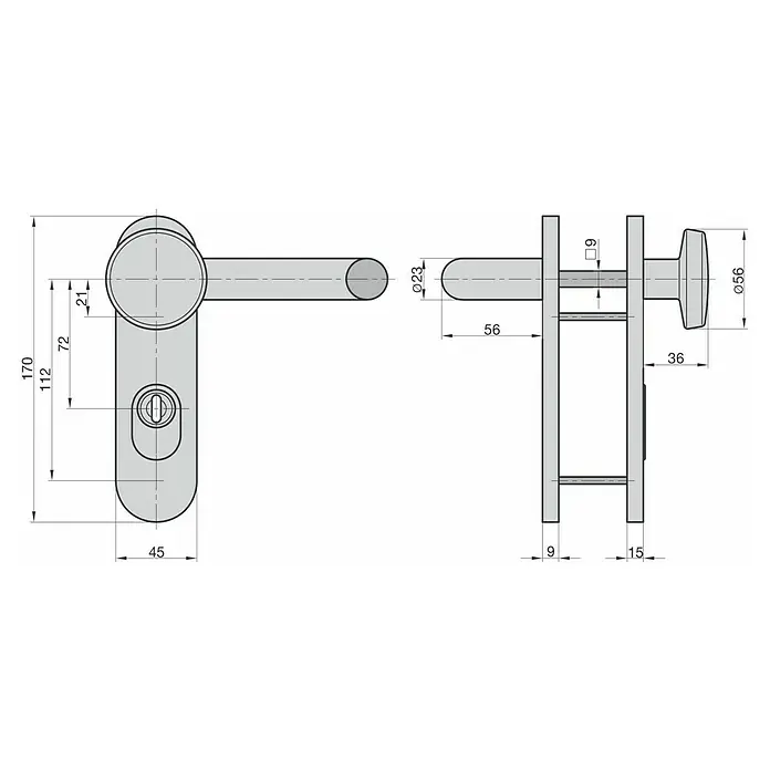 Basi Schutzbeschlag SB/FS 2200K ES1 - Feuerschutztür, Aluminium, Knopf außen, Drücker innen, Mit Zylinderabdeckung, Stärke Tür: 44 mm - 66 mm - Technische Zeichnung eines Türbeschlags mit Drücker und Knauf, inklusive Maße.