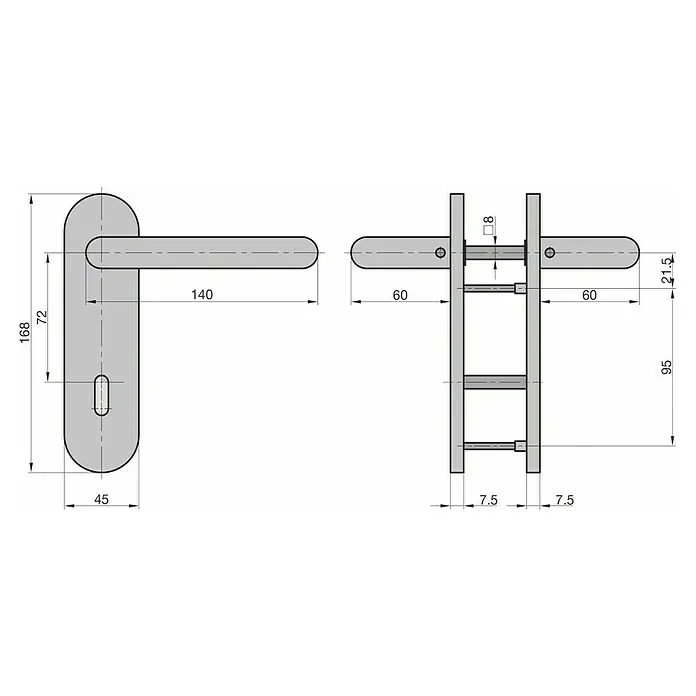 Basi Schutzgarnitur ZB 3800 - Edelstahl, Stärke Tür: 38 mm - 45 mm, Buntbart - Technisches Datenblatt eines grauen Türdrücker-Sets mit ovalem Langschild und Hebelgriff, Maße sind angegeben.