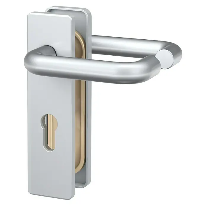 Basi Schutzbeschlag ZT/FS 2100 - Einsatzbereich: Feuerschutztür, Aluminium, Drücker beidseitig, Stärke Tür: 44 mm - 66 mm - Satin-silberner Türdrücker mit Schlüssellochplatte.