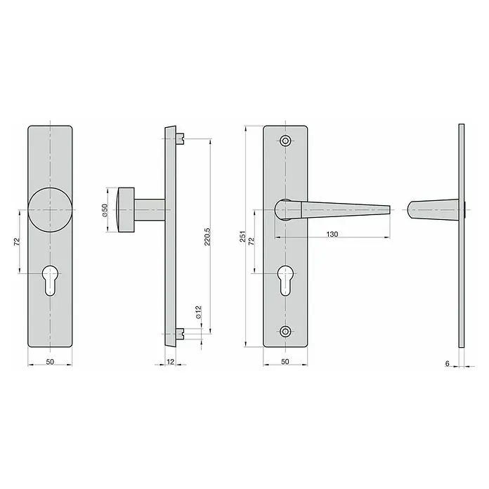 Basi Schutzbeschlag ES0 VMS - Hauseingangstür, Silber, Distanznorm: 72 mm, Form Drücker: Rund, Stärke Schild/ Rosette: 12 mm - Technische Zeichnung eines grauen Metall-Türdrücker-Sets mit Griff, Knauf und Schlüsselloch-Schild.