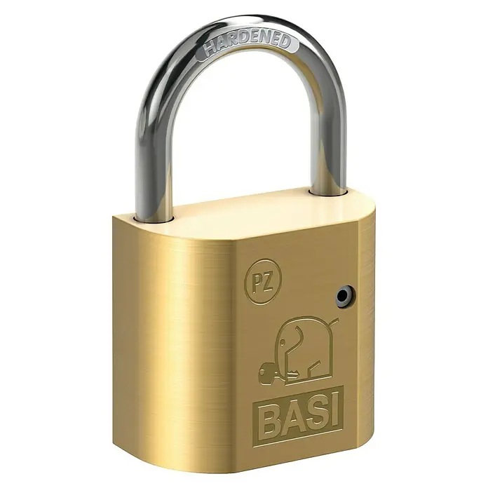Basi Vorhangschloss VHS PZ - B x H: 28 x 46,5 mm, Bügelinnenhöhe: 40 mm, Material Bügel: Gehärteter Spezialstahl - Messing-Vorhängeschloss mit gehärtetem Stahlbügel, geprägt mit 'HARDENED', 'PZ' und BASI-Elefantenlogo.