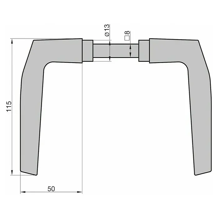 Basi Drückerpaar - Champagnerfarben, Stärke Tür: 38 mm - 45 mm - Technische Zeichnung eines grauen Türdrückers mit Ø13mm Griff, 8mm Vierkantstift, 115mm Höhe und 50mm Ausladung.