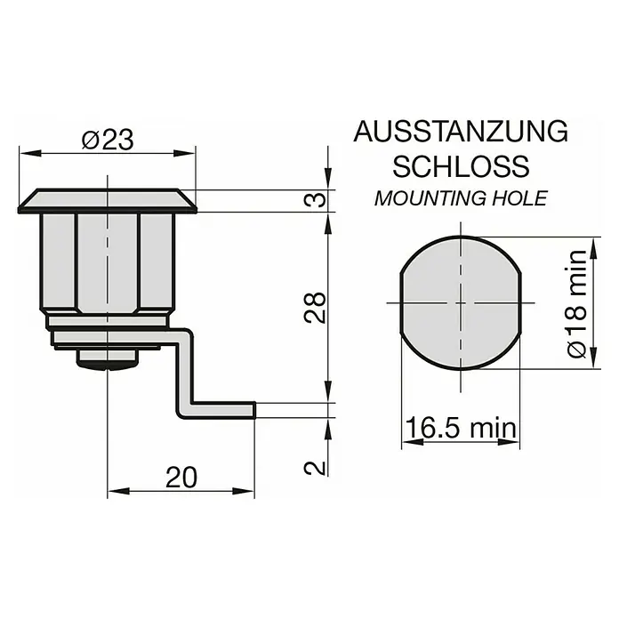 Basi Universalzylinder HS 334 - Passend für: Basi Schlüsselschränke - Technische Zeichnung eines Riegelschlosses mit Maßangaben und erforderlicher Montagebohrung.
