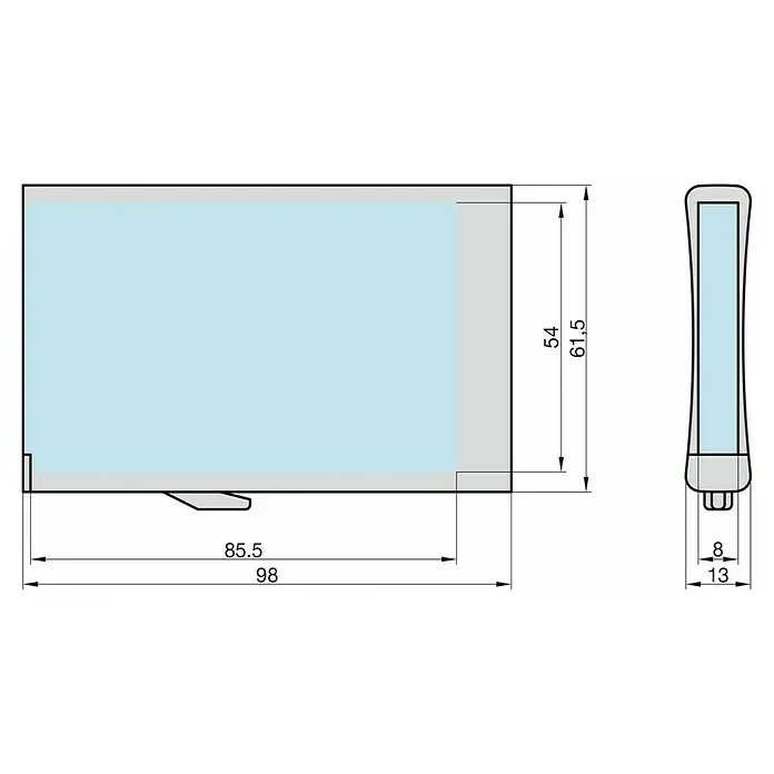 Basi Kartentasche - L x B x H: 98 x 61,5 x 13 mm, Blau - Kompaktes Displaymodul mit blauem Bildschirm und grauem Rahmen, inklusive Maßangaben.