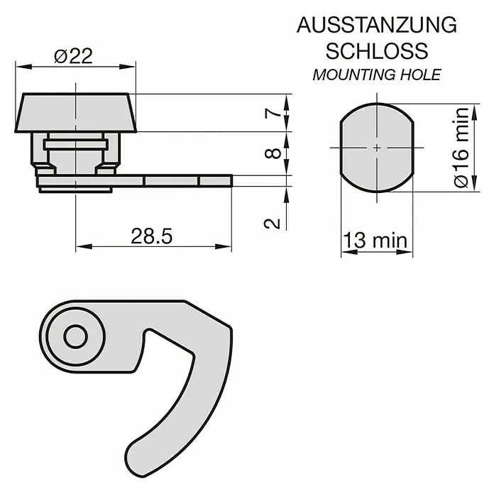 Basi Universalzylinder HS 358 - Passend für: Basi Geldkassetten - Technische Zeichnung eines Schlosses mit Ø22mm Zylinder, D-förmigem Montageloch (Ø16mm min, 13mm min) und Schließnase.