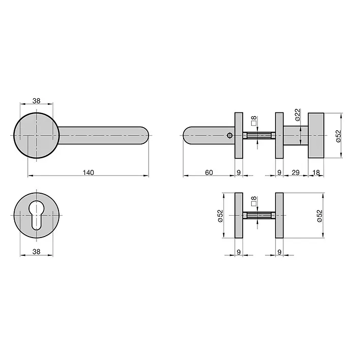 Basi Wechselgarnitur ZB 3100 - Stärke Tür: 38 mm - 44 mm, Silber, DIN Anschlag: Rechts - Technische Zeichnung einer grauen Türdrückergarnitur mit Schlüsselschild und runden Rosetten, mit detaillierten Maßen.