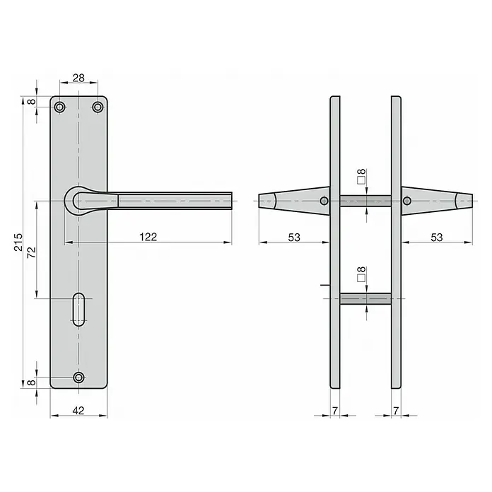 Basi Drückergarnitur ZB 4100 - Stärke Tür: 35 mm - 45 mm, Aluminium, L-Form, Silber, Buntbart - Technische Zeichnung einer Türdrückergarnitur mit rechteckigem Beschlag, Hebel und Schlüssellochausschnitt, in Vorder- und Seitenansicht mit Maßen.