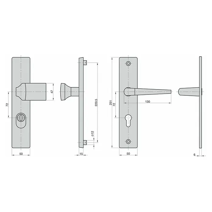 Basi Schutzbeschlag ES0 VMS-ZA - Hauseingangstür, Silber, Distanznorm: 72 mm, Form Drücker: Eckig, Stärke Schild/ Rosette: 12 mm - Technische Zeichnung von zwei Türdrückergarnituren mit Maßen: ein Knauf, ein Drücker, beide auf Langschildern mit Schlossaussparungen.