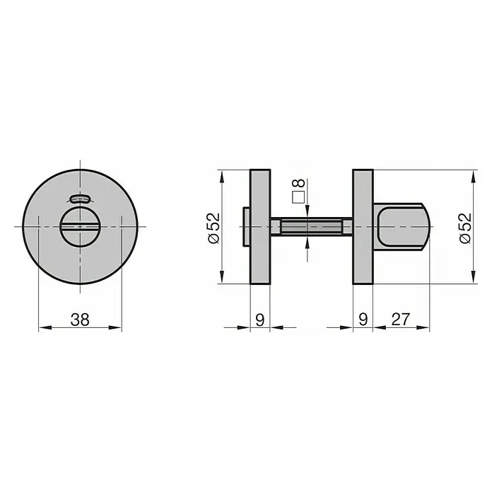 Basi WC-Drückergarnitur ZRB 3110 - Schlitzkopf/Olive, Edelstahl - Technische Zeichnung einer runden WC-Rosette mit 8mm Vierkantstift.