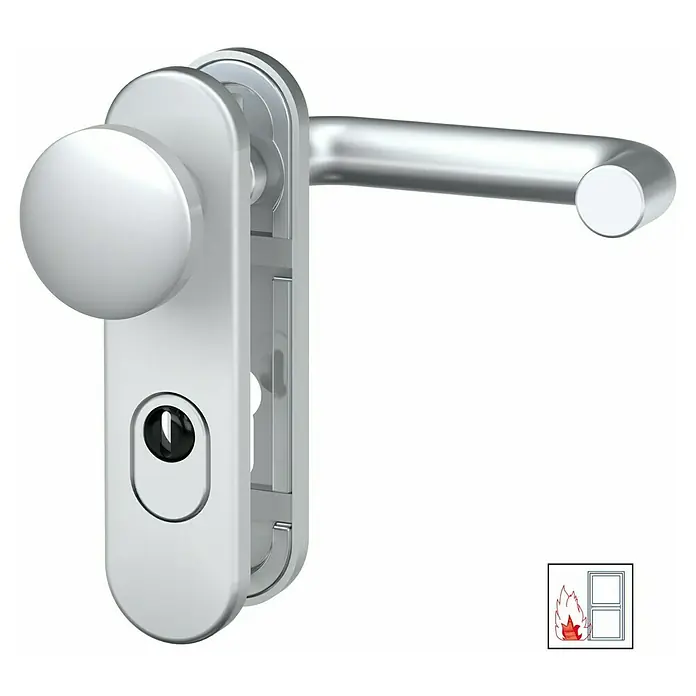 Basi Schutzbeschlag SB/FS 2200K ES1 - Feuerschutztür, Aluminium, Knopf außen, Drücker innen, Mit Zylinderabdeckung, Stärke Tür: 44 mm - 66 mm - Silbernes Türdrücker-Set mit Knauf, Griff und Schlüsselloch, feuerhemmend.