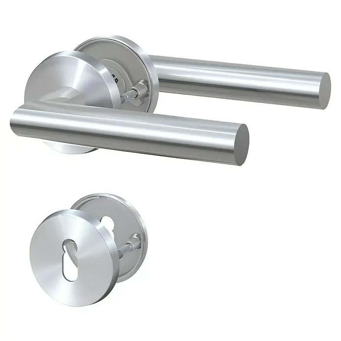 Basi Zimmertürgarnitur ZB 3200 - Edelstahl, L-Form, Buntbart - Silbernes Türdrücker-Set und Schlüsselrosette aus gebürstetem Metall.