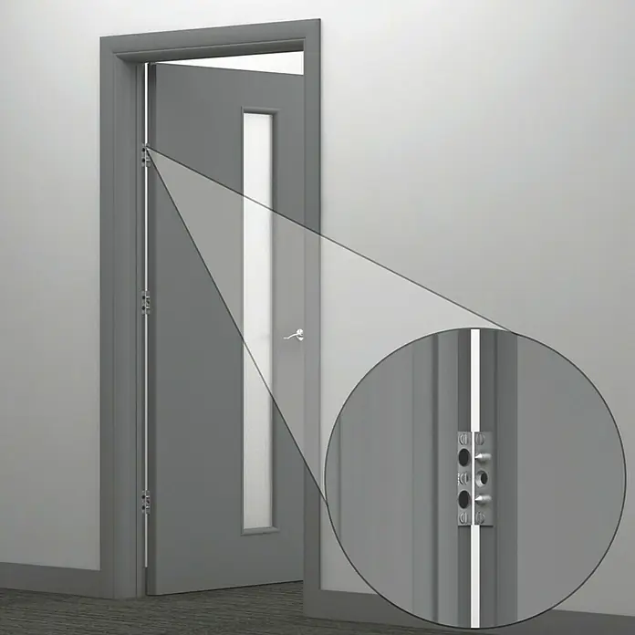 Basi Scharnierseitensicherung BSA 90 - L x B: 90 x 22 mm, Stahl - Integrierte Mehrfachverriegelungsbolzen ragen aus dem Rand einer grauen Tür.