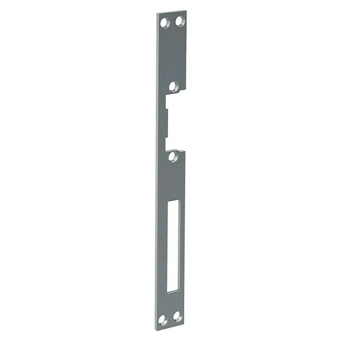 Basi Schließblech FLB 950 - L x B: 250 x 25 mm, DIN Anschlag: Universell einsetzbar - Längliche, graue Metall-Schließplatte mit Schraublöchern und rechteckigen Aussparungen für Falle und Riegel.