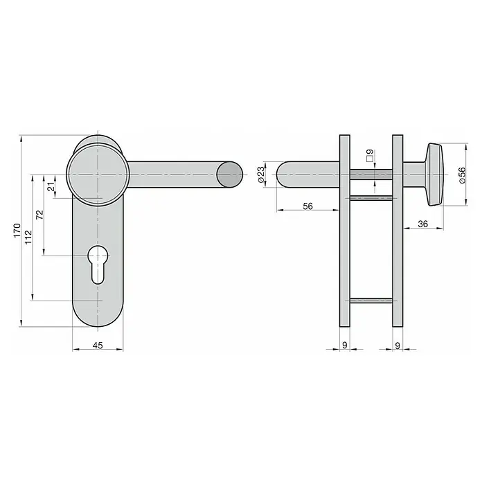 Basi Schutzbeschlag SB/FS 2200K ES1 - Feuerschutztür, Aluminium, Knopf außen, Drücker innen, Ohne Zylinderabdeckung, Stärke Tür: 44 mm - 66 mm - Technische Zeichnung eines Türbeschlags mit Drücker, Langschild mit Schlüsselloch und Knopf, inklusive Maßen.