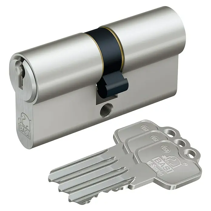 Basi Profilzylinder V50 - Baulänge innen: 40 mm, Baulänge außen: 50 mm, Material Zylinder: Messing, Profilschlüssel - Metall-Profilzylinder mit schwarzem Detail und drei passenden Sicherheitsschlüsseln.