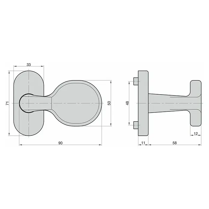 Basi Knopfdrücker auf Rosette SR 5000 - Vierkantstift: 8 mm, Silber, Drehbar - Grauer T-förmiger Griff/Knauf, technische Zeichnung mit Draufsicht, Seitenansicht und Maßen.