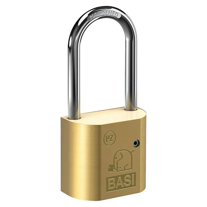 Basi Vorhangschloss VHS PZ - B x H: 28 x 46,5 mm, Bügelinnenhöhe: 80 mm, Material Bügel: Gehärteter Spezialstahl - Messingfarbenes Vorhängeschloss mit glänzendem verchromtem Bügel, beschriftet mit „HARDENED“, „PZ“, Elefanten-Logo und „BASI“.