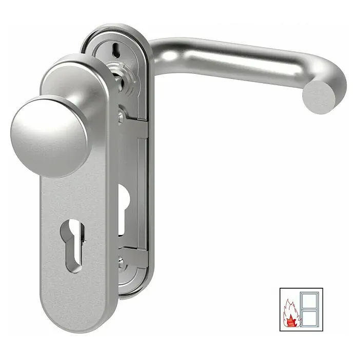 Basi Schutzbeschlag SB/FS 2200K ES1 - Feuerschutztür, Edelstahl, Knopf außen, Drücker innen, Ohne Zylinderabdeckung, Stärke Tür: 44 mm - 66 mm - Türbeschlag aus gebürstetem Silbermetall mit Drücker und Knauf sowie Schlüsselloch.