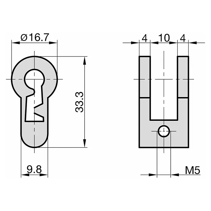 Basi Buntbart-Einsatz BE 90 1 - Schweifung 1 - Technische Zeichnung eines Nockenschloss-Bauteils. Vorderansicht zeigt Schlüssellochschlitz, Seitenansicht U-Profil mit M5-Gewindebohrung.
