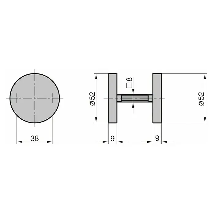 Basi Blindrosette ZBR 3110 - Durchmesser Rosette: 50 mm, Edelstahl - Technische Zeichnung eines zylindrischen Griffs oder Verbindungsstücks mit Ø52mm Endscheiben und einem mittigen 8x8mm Vierkantschaft. Gesamtlänge 38mm.