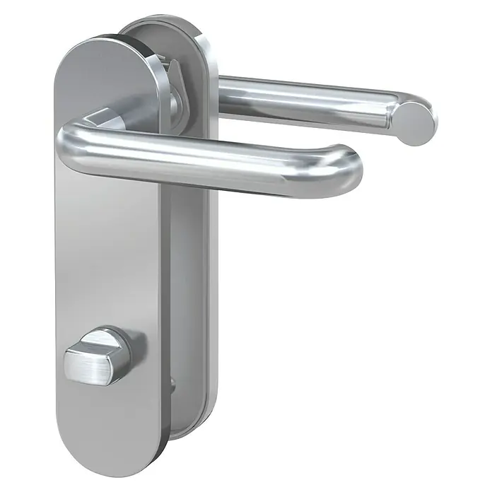 Basi WC-Drückergarnitur ZB 3800 - Edelstahl, Rechts - Silberfarbenes Metall-Türgriffset mit rechteckigem Schild und einem WC-Drehverschluss.