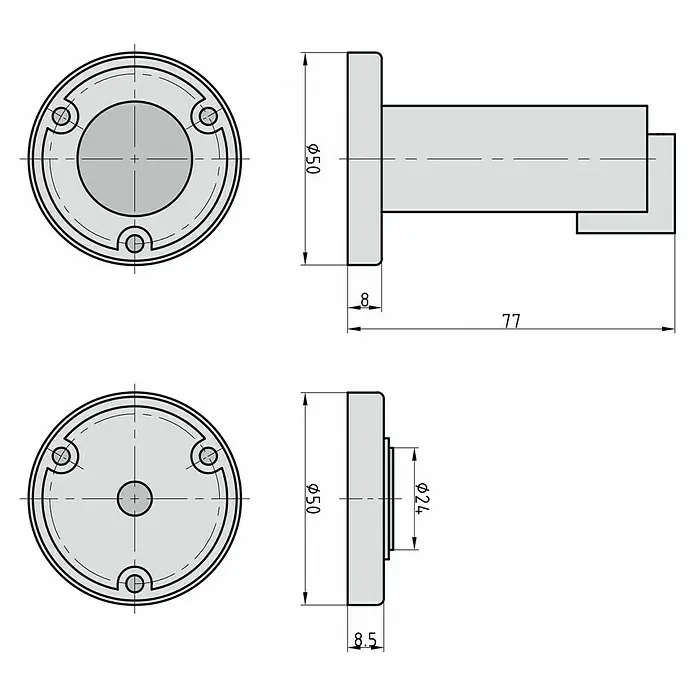 Basi Türstopper MTS 24 - Ø x H: 50 x 77 mm, Edelstahl - Grauer zylindrischer Türstopper mit runder Basis zur Wandmontage. Verfügt über einen vorstehenden Körper zur Stoßdämpfung.