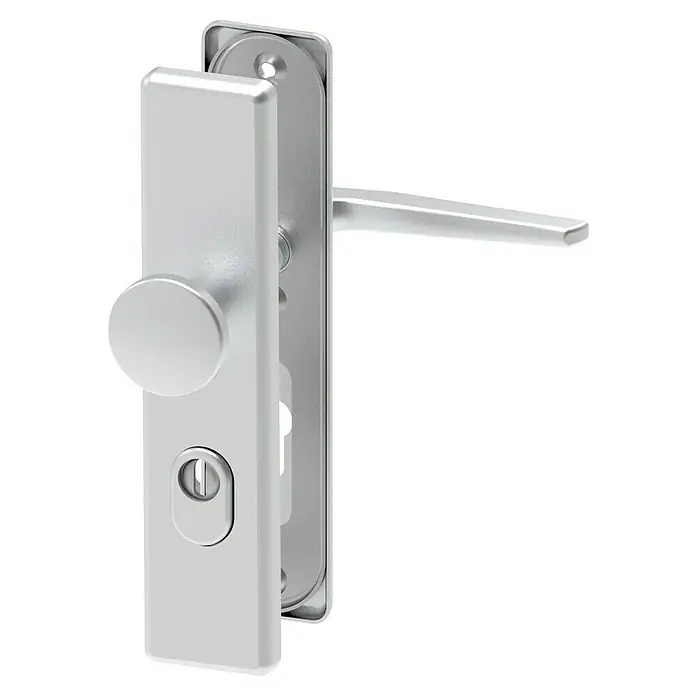 Basi Schutzbeschlag SB 7500 ES0 - Hauseingangstür, Stärke Tür: 38 mm - 45 mm, Aluminium, Knopf außen, Drücker innen, Mit Zylinderabdeckung - Silberfarbener Türbeschlag mit Knauf und Schlüsselloch.